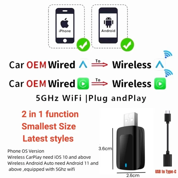 Wireless Carplay Android Auto 2-in-1 Smart Dongle — Car Infotainment System, Auto Accessories Home