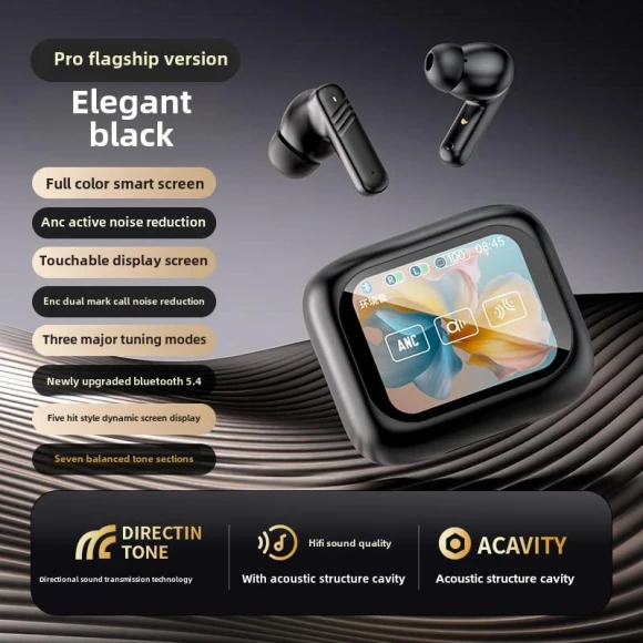 Noise Cancelling Bluetooth Earbuds with Color Touch Screen — In-Ear Headphones, QUEED