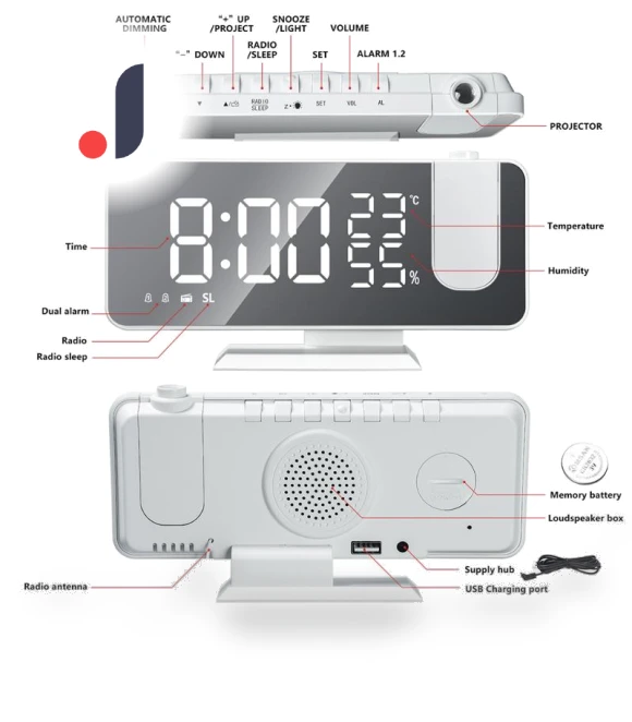 Digital Smart Alarm Clock with LED Projection — Alarms & Clocks, SZ-Damai