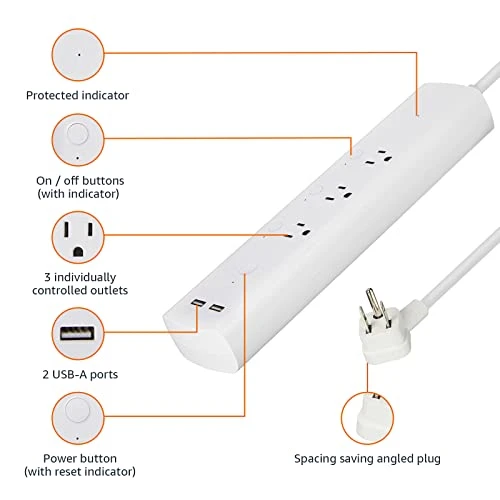 Smart Plug Power Strip with 3 Individually Controlled Outlets and 2 USB-A Ports — Smart Plug, Amazon Basics