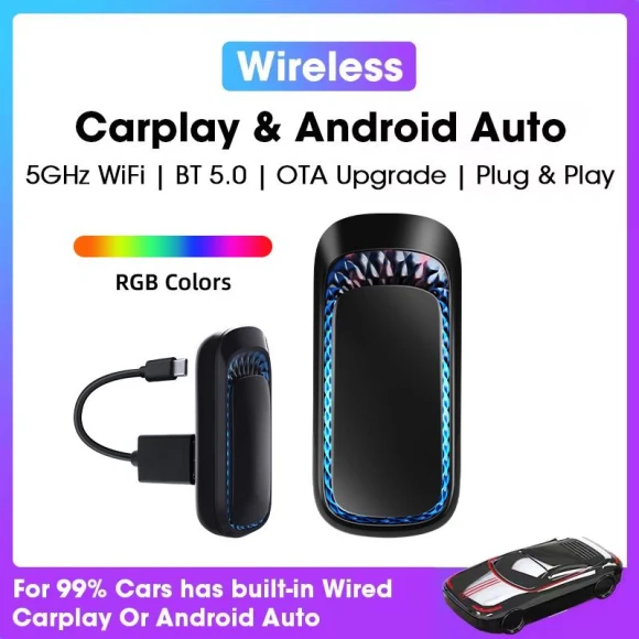 RGB Colorful Wireless CarPlay and Android Auto Mini Smart Box — Car Infotainment System, Auto Launcher