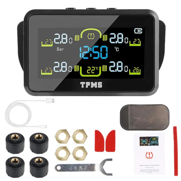Car Solar TPMS Tire Pressure Monitoring System with Digital Clock and Cab Temperature Display — TPMS, Lntelligent Living Hall
