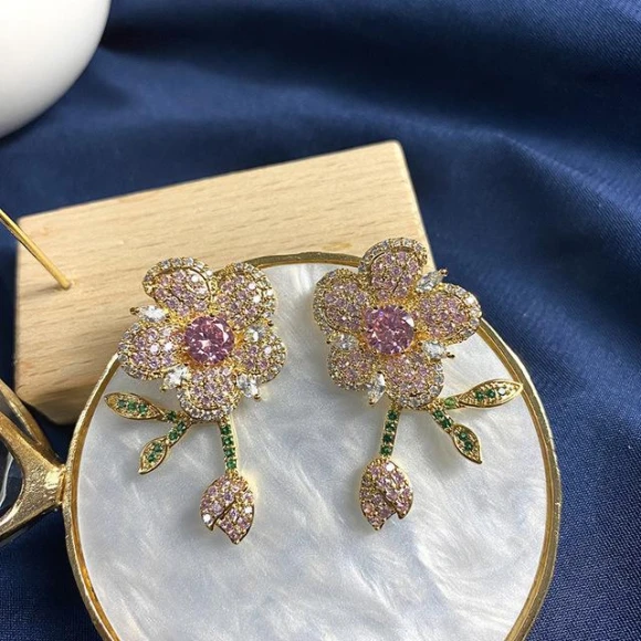 Silver 925 Needle Earrings with Colored Zirconia, ANENJERY Bijouterie