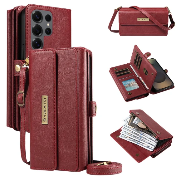 Zipper Wallet Leather Phone Cover with Shoulder Strap, YIKATU