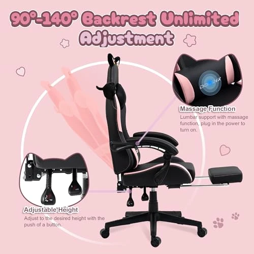 Gaming Chair with Cat Ears and Massage Lumbar Support, Dowinx