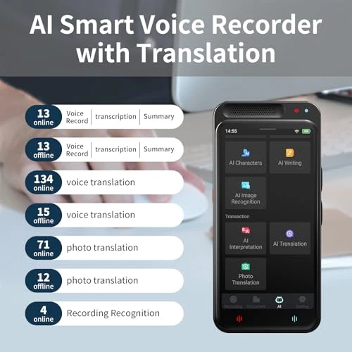 Voice Recorder with AI Transcription, Summary, and Translation — Translator Device, Rpbznr
