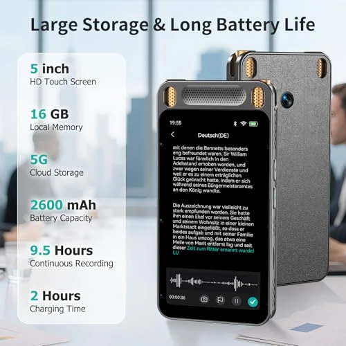 Voice Recorder with Playback, Transcription, Translation, and AI Assistant — Translator Device, Fivegren