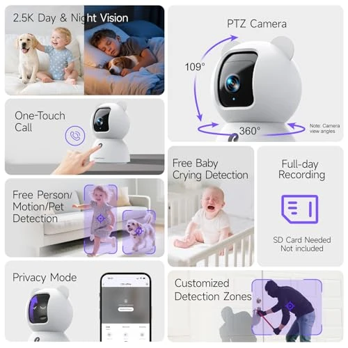 Pet/Dog Camera with Speaker/Phone App, No-Monthly-Fee AI Person/Pet/Cry Detection Security Camera Indoor, PTZ 2.4GHz... — Baby Monitor, CINMOORE
