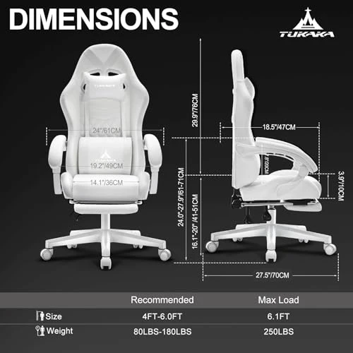 White Gaming Chair with Footrest, Massage, and Reclining — Smart Chairs, TUKAKA
