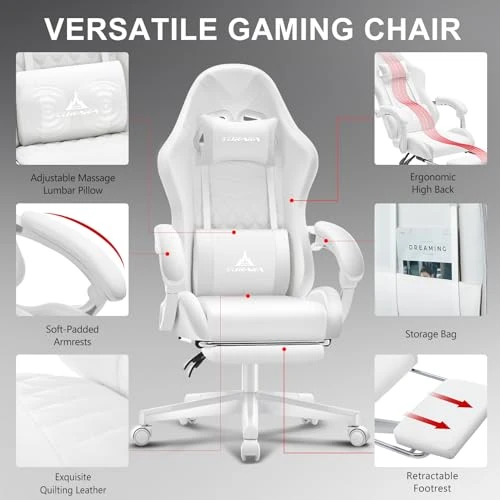 White Gaming Chair with Footrest, Massage, and Reclining — Smart Chairs, TUKAKA