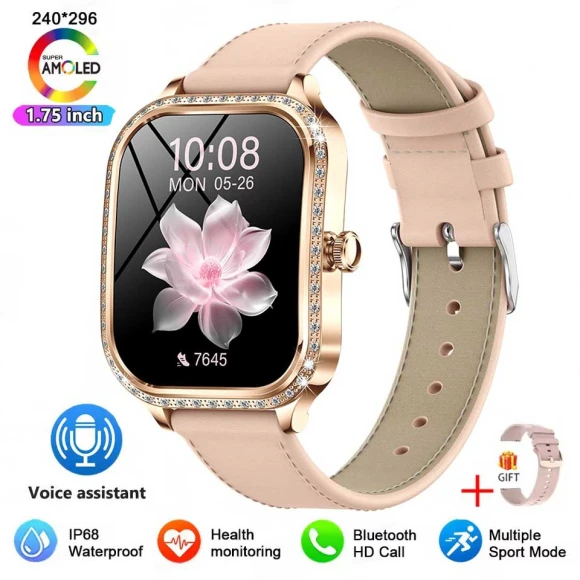 Smart Watch with GPS Tracker for Women, HD Screen, Heart Rate and Blood Pressure Measurement, BT Calls, Leather Strap,... — Smart Watch, Lucky Start