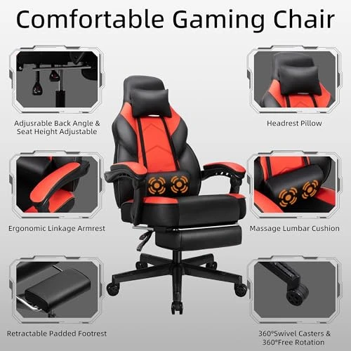 Gaming Chair with Footrest, Massage Lumbar Support, Height Adjustment, and 360° Swivel Seat — Smart Chairs, Shintenchi