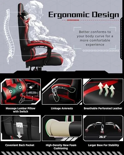 Gaming Chair with Headrest and Massage Lumbar Support — Ergonomic Chair, Yaheetech