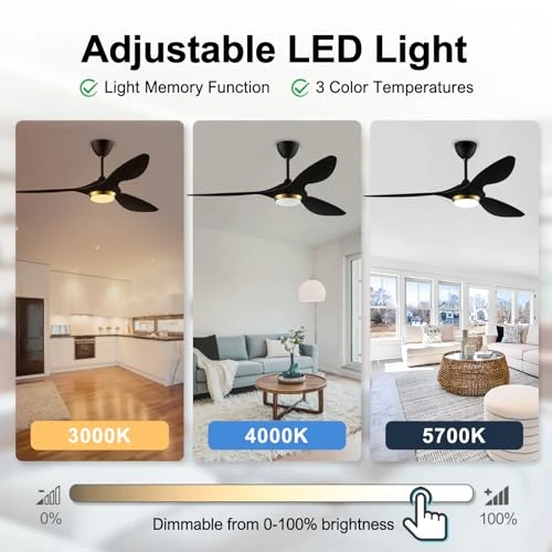 52 Inch Black Modern Ceiling Fan with Light and Remote Control — Smart Fan, reiga