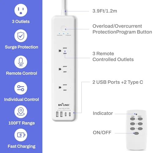 Remote Control Power Strip with 3 Independent Outlets, 4 USBs, Extension Cord, Overload Protection, Wall Mount — Smart Plug, BN-LINK