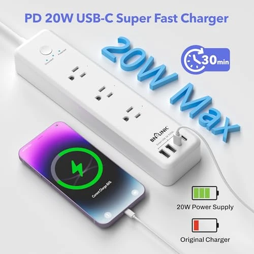 Remote Control Power Strip with 3 Independent Outlets, 4 USBs, Extension Cord, Overload Protection, Wall Mount — Smart Plug, BN-LINK