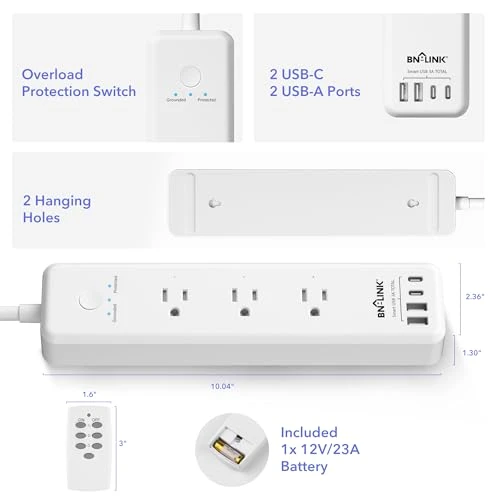 Remote Control Power Strip with 3 Independent Outlets, 4 USBs, Extension Cord, Overload Protection, Wall Mount — Smart Plug, BN-LINK