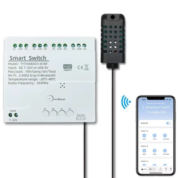 4 Channel Smart Relay Switch with Temperature Humidity Sensor — Smart Switch, Tuya