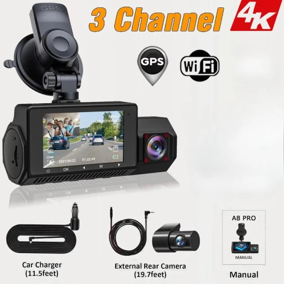 3-Channel Car Dash Cam with 4K Camera, GPS, WiFi, and Night Vision — Dash Cam, GLOBUS