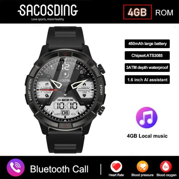 Men's Smartwatch with AMOLED Display, Bluetooth Calling, 4GB Memory — Smart Watch, Tiktop2