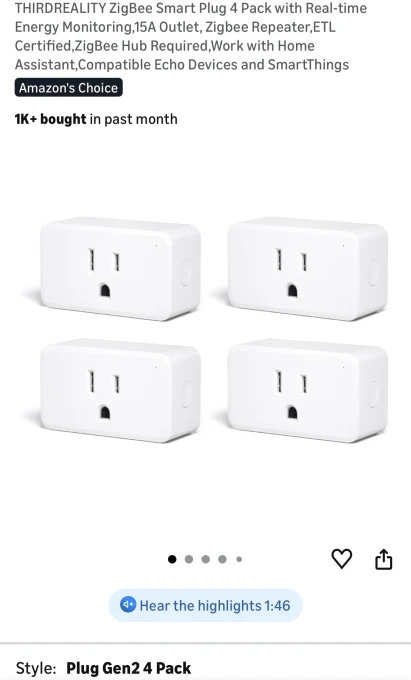 ZigBee Smart Plug 4 Pack with Real-time Energy Monitoring — Smart Plug, THIRDREALITY