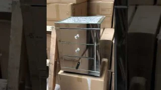 3 draw bedside chest in silver mirror with a diamond crush top and crystal handles